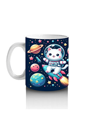 Çocuklara Sütü Sevdiren Roketle Uçan Astronot Kedi Desenli Kupa Bardak