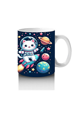 Çocuklara Sütü Sevdiren Roketle Uçan Astronot Kedi Desenli Kupa Bardak