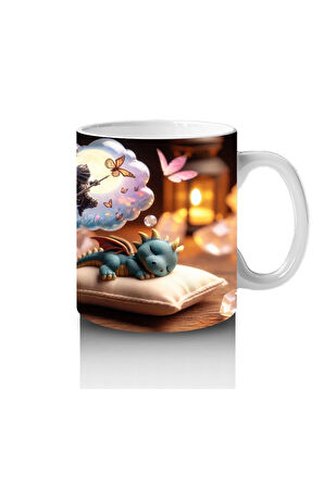 Çocuklara Sütü Sevdiren Rüya Gören Minik Ejderha ve Kahraman Masalı Desenli Kupa Bardak