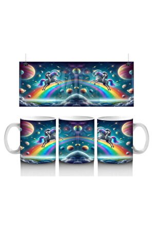 Çocuklara Sütü Sevdiren Uzayda Gökkuşağı ve Astronot Unicorn Desenli Kupa Bardak