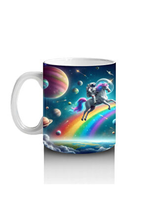 Çocuklara Sütü Sevdiren Uzayda Gökkuşağı ve Astronot Unicorn Desenli Kupa Bardak