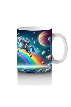 Çocuklara Sütü Sevdiren Uzayda Gökkuşağı ve Astronot Unicorn Desenli Kupa Bardak