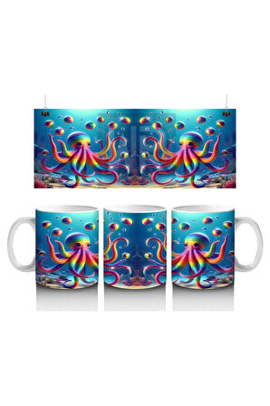 Çocuklara Sütü Sevdiren Renkli Ahtapot ve Baloncuklar Desenli Kupa Bardak