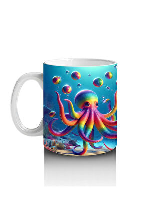 Çocuklara Sütü Sevdiren Renkli Ahtapot ve Baloncuklar Desenli Kupa Bardak