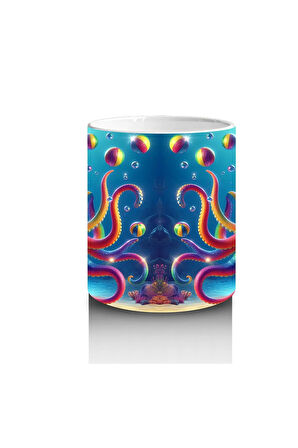 Çocuklara Sütü Sevdiren Renkli Ahtapot ve Baloncuklar Desenli Kupa Bardak