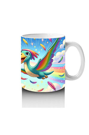 Çocuklara Sütü Sevdiren Gökkuşağı Kanatlı Dino Kuş Kupa Bardak