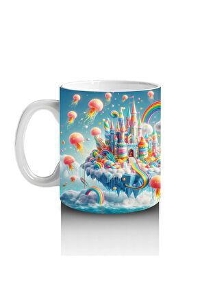 Çocuklara Sütü Sevdiren Balonlu Gökkuşağı Şatosu Kupa Bardak