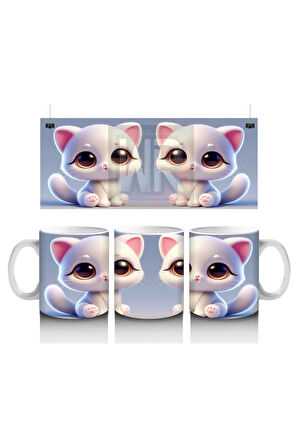 Çocuklara Sütü Sevdiren Sevimli Beyaz Kedi Kupa Bardak