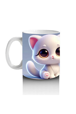 Çocuklara Sütü Sevdiren Sevimli Beyaz Kedi Kupa Bardak