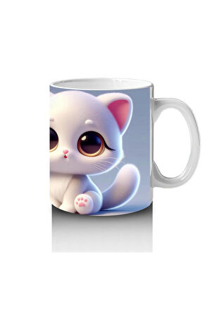 Çocuklara Sütü Sevdiren Sevimli Beyaz Kedi Kupa Bardak