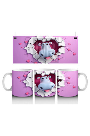 Çocuklara Sütü Sevdiren Kalp Çerçevesindeki Meraklı Su Aygırı Kupa Bardak