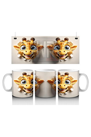 Çocuklara Sütü Sevdiren Duvarı Delip Bakan Neşeli Zürafa Kupa Bardak