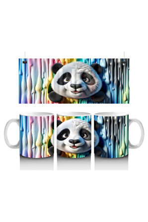 Çocuklara Sütü Sevdiren Renkli Boya Dalgaları Arasında Meraklı Panda Kupa Bardak