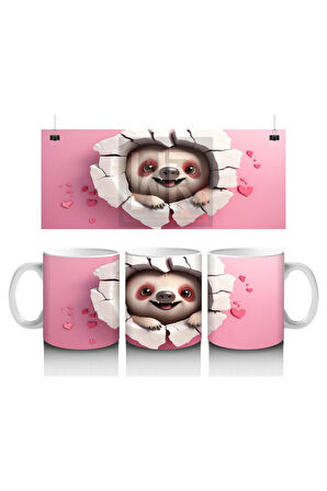 Çocuklara Sütü Sevdiren Kalp Çatlağından Bakan Sevimli Tembel Hayvan Kupa Bardak