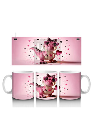 Çocuklara Sütü Sevdiren Kalp Çerçevesinden Bakan Pembe Dinozor Kupa Bardak