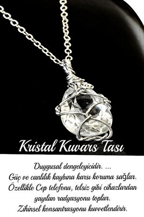 Sertifikalı Fasetli Tel Sargılı Kristal Kuvars Taşı Kolye