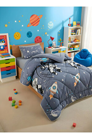 Tek Kişilik Astronot Desenli Çift Taraflı Wellsoft Uyku Seti