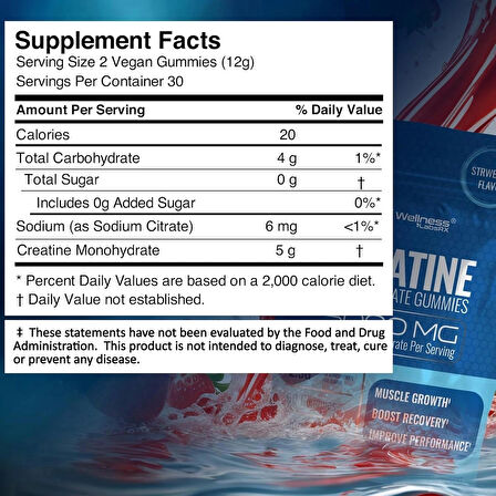 WELLNESS LABS Creatine Monohydrate Muscle Gh Strength Recovery 5000mg 60 Gummies