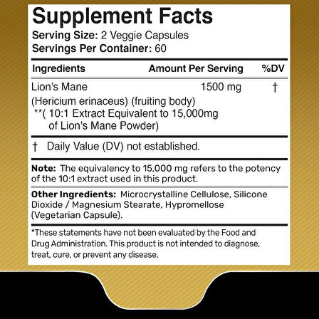 WELLNESS LABS Lions Mane Real Mushroom Brain, Memory and Focus Cognitive Immune 120 Caps