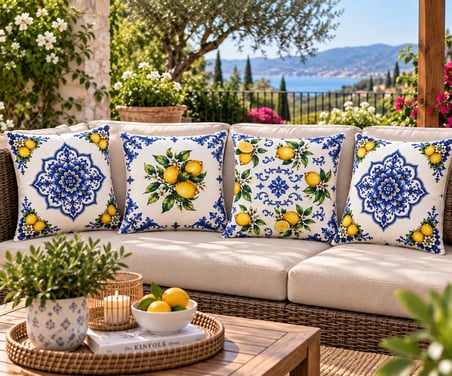  Limon Desenli Mavi Beyaz 3D Dijital Baskılı Dekoratif 43x43 cm 4’lü Kırlent Kılıfı Seti – Yastık Kılıfı
