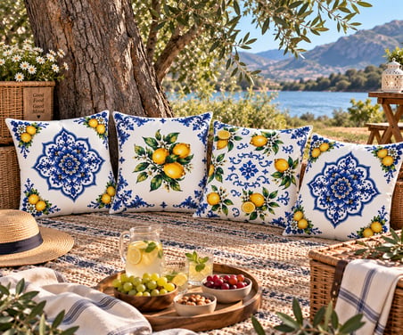  Limon Desenli Mavi Beyaz 3D Dijital Baskılı Dekoratif 43x43 cm 4’lü Kırlent Kılıfı Seti – Yastık Kılıfı