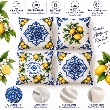  Limon Desenli Mavi Beyaz 3D Dijital Baskılı Dekoratif 43x43 cm 4’lü Kırlent Kılıfı Seti – Yastık Kılıfı