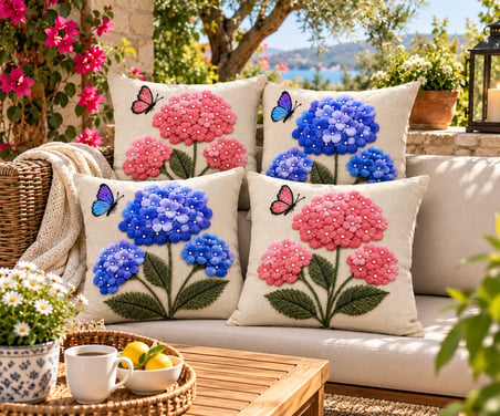 Ortanca Çiçek Desenli Pembe Mavi 3D Dijital Baskılı Dekoratif  4’lü Kırlent Kılıfı Seti 43x43 cm Yastık Kılıfı