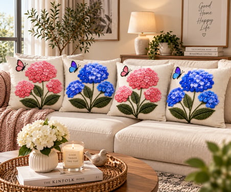 Ortanca Çiçek Desenli Pembe Mavi 3D Dijital Baskılı Dekoratif  4’lü Kırlent Kılıfı Seti 43x43 cm Yastık Kılıfı