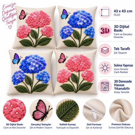 Ortanca Çiçek Desenli Pembe Mavi 3D Dijital Baskılı Dekoratif  4’lü Kırlent Kılıfı Seti 43x43 cm Yastık Kılıfı