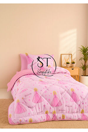 Tek Kişilik Prenses Desenli Çift Taraflı Wellsoft Uyku Seti (Yorgan+Çarşaf+Yastık Kılıfı)