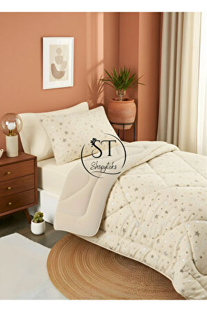 Tek Kişilik Welsoft Yorgan Uyku Seti Bej Yıldız | Lastikli Çarşaflı | Çeyiz Seti | Çeyiz Takımı