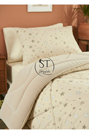 Tek Kişilik Welsoft Yorgan Uyku Seti Bej Yıldız | Lastikli Çarşaflı | Çeyiz Seti | Çeyiz Takımı