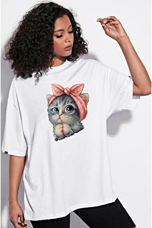 Oversize Panda Baskılı Beyaz Tshirt