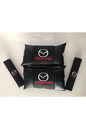 Mazda Uyumlu Nakışlı Deri 1 Çift Boyun Yastık Ve 1 Çift Kemer Pedi