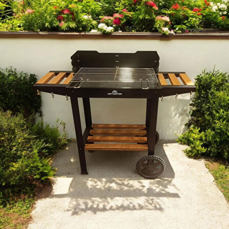 Wetterstein Tekerlekli Mangal, Ahşap Sehpalı/Raflı ,Barbekü S MODEL