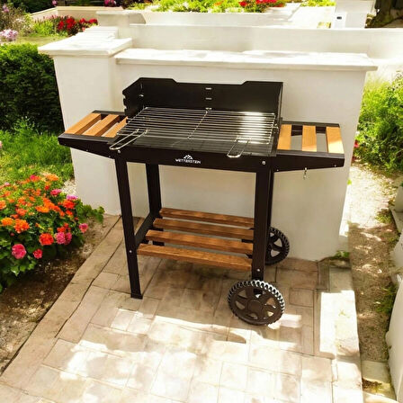 Wetterstein Tekerlekli Mangal, Ahşap Sehpalı/Raflı ,Barbekü S MODEL