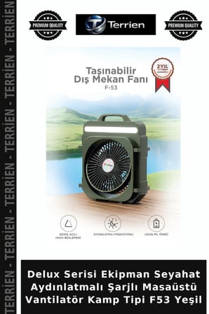 Delux Serisi Ekipman Seyahat Aydınlatmalı Şarjlı Masaüstü Vantilatör Kamp Tipi F53 Yeşil