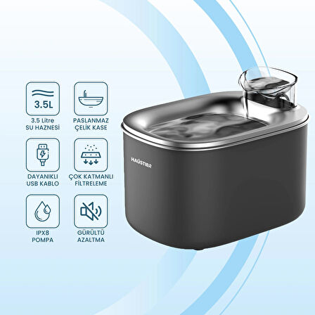 WF007L Otomatik Kedi Su Sebili, 3.5Lt Geniş Hazne, Bpa Içermez, Metal Tabla, Ultra Sessiz