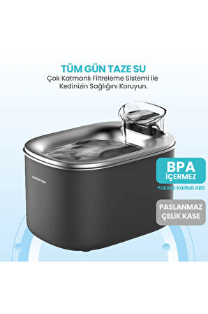 WF007L Otomatik Kedi Su Sebili, 3.5Lt Geniş Hazne, Bpa Içermez, Metal Tabla, Ultra Sessiz