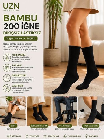 Uzn Socks 6 Çift Bambu Kadın Çorap Siyah 200 İğne Dikişsiz Lastiksiz 36-40 Beden
