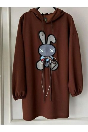 Tavşan Desenli Kapişonlu SweetShirt-Kahverengi - M