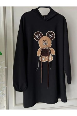 Tavşan Desenli Kapişonlu SweetShirt-Siyah - S