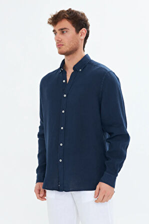Lacivert Erkek Keten Gömlek