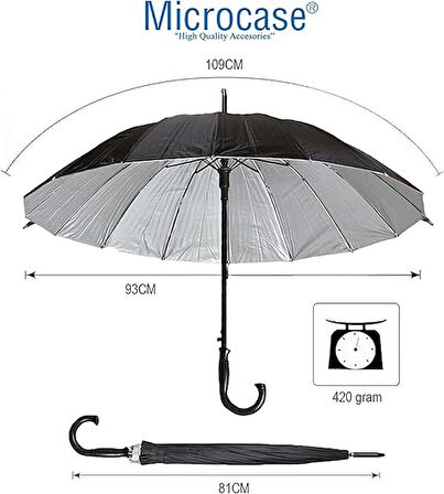Microcase Unisex Otomatik 16 Telli Rüzgara Dayanıklı Su Geçirmez  Baston Şemsiye SİYAH AL4664