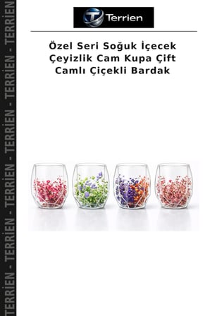 Özel Seri Soğuk İçecek Çeyizlik Cam Kupa Çift Camlı Çiçekli Bardak