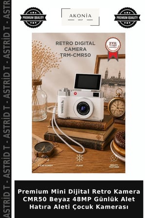 Premium Mini Dijital Retro Kamera CMR50 Beyaz 48MP Günlük Alet Hatıra Aleti Çocuk Kamerası