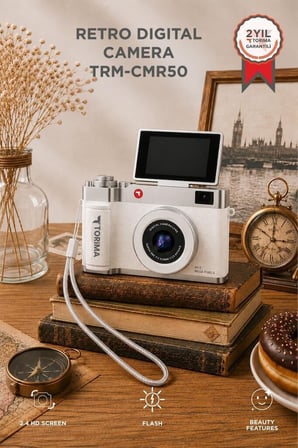 Premium Mini Dijital Retro Kamera CMR50 Beyaz 48MP Günlük Alet Hatıra Aleti Çocuk Kamerası