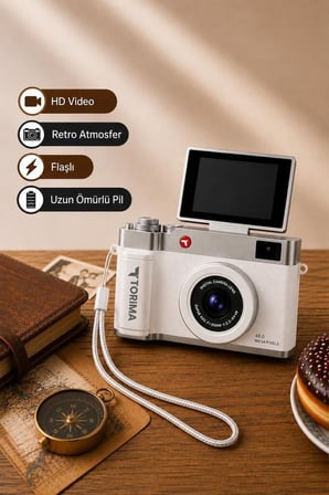 Premium Mini Dijital Retro Kamera CMR50 Beyaz 48MP Günlük Alet Hatıra Aleti Çocuk Kamerası