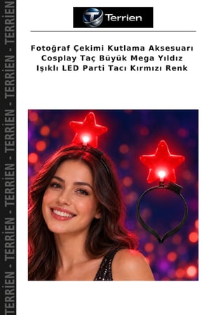Fotoğraf Çekimi Kutlama Aksesuarı Cosplay Taç Büyük Mega Yıldız Işıklı LED Parti Tacı Kırmızı Renk