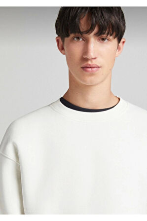 Beyaz Pamuklu Unisex Oversize Basic Bisiklet Yaka Sweatshirt